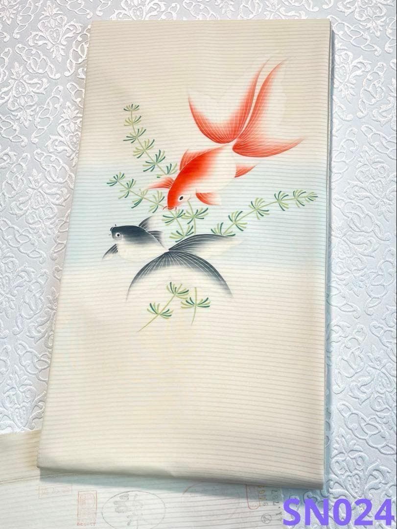 絽 塩瀬 五泉 手描き友禅 夏帯 九寸名古屋帯 金魚 正絹 SN024