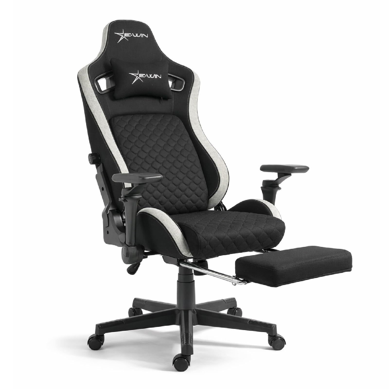 E-WIN ゲーミングチェア 前傾チルト 布 ファブリック 跳ね上げ式5Dアームレスト あぐら対応 通気性 オットマン付き リクライニング ランバーサポート 高さ調整 回転 黒 ブラック オフィスチェア 新仕様 D9-GY