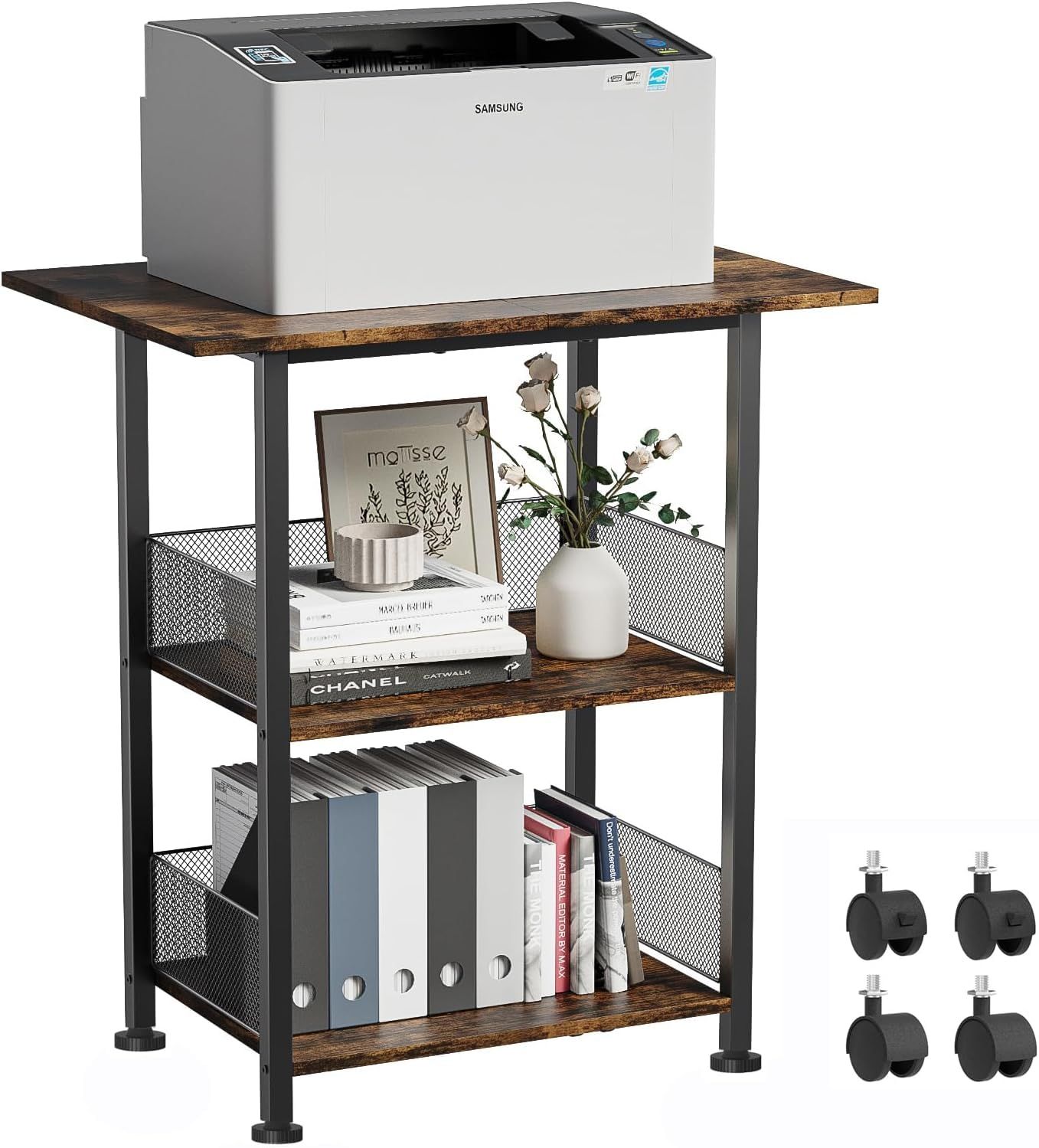 VyGrow プリンター台 3段 インダストリアル 大型プリンターテーブル 棚付き 58.4cm x 38.1cm 移動式 頑丈な収納ラック キャスター付き ホームオフィス用 ファックス・スキャナー・コピー機用