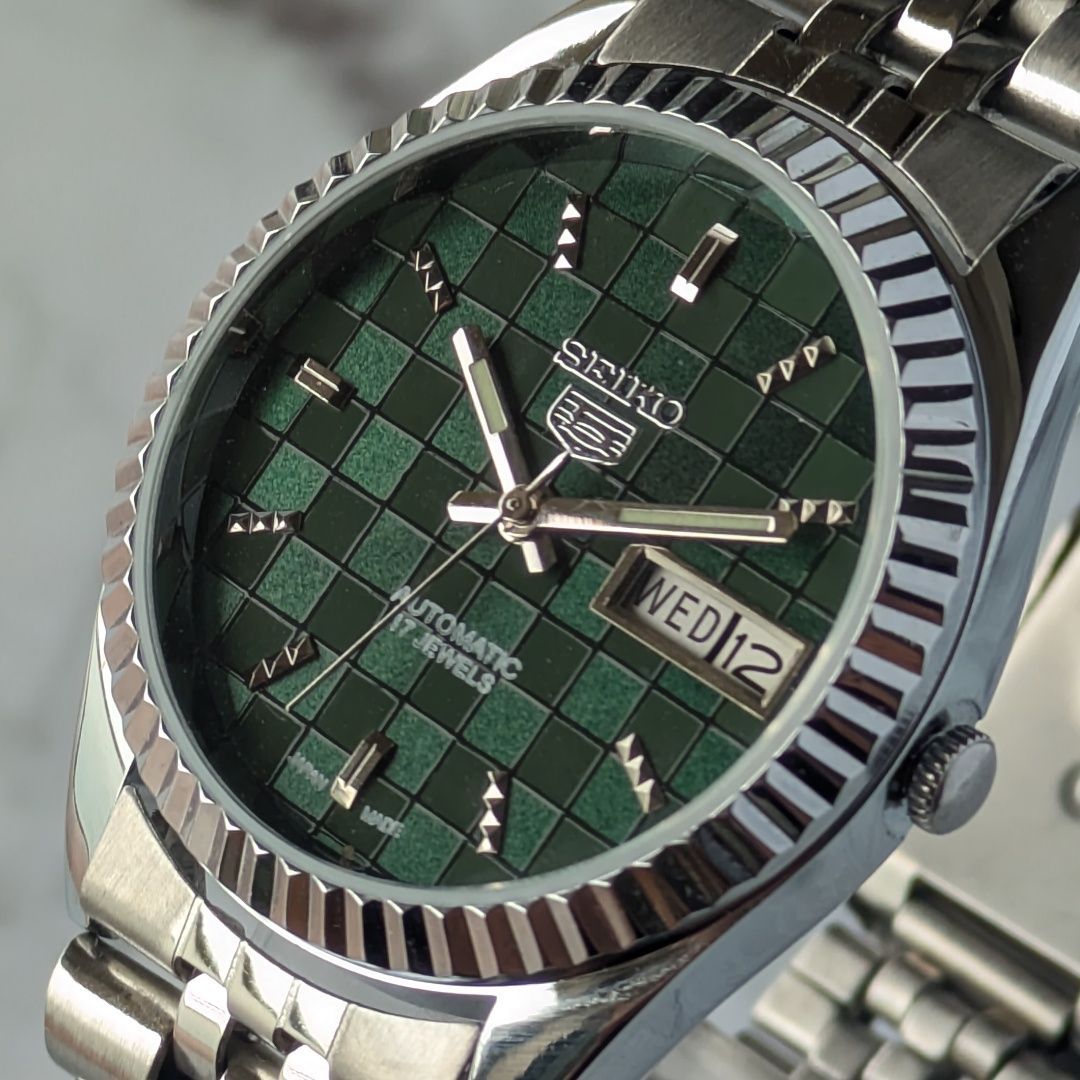 稼働品 SEIKO セイコー5 自動巻き 80s ヴィンテージ グリーン文字盤