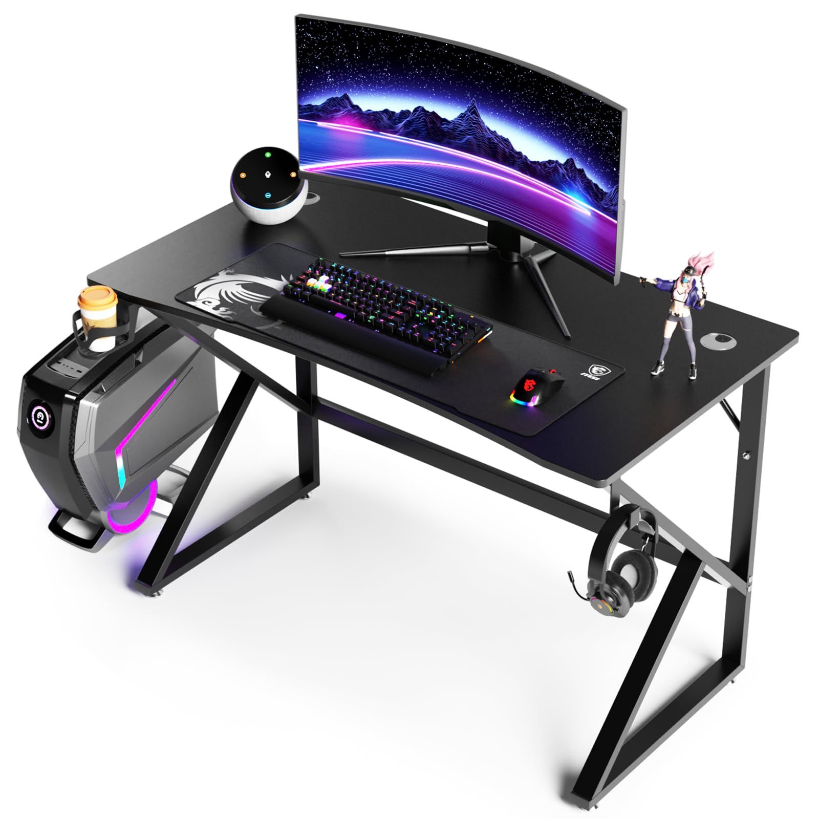 ゲーミングデスク パソコンデスク PCデスク ゲーム 学習 幅110cm 奥行60cm 耐荷重80kg ダブル三角形脚 カップホルダーとヘッドフォンフック付き 配線孔２つ ゲーマーに向け モニターアーム対応 ワークデスク オフィスデスク アジャスター付き 勉強