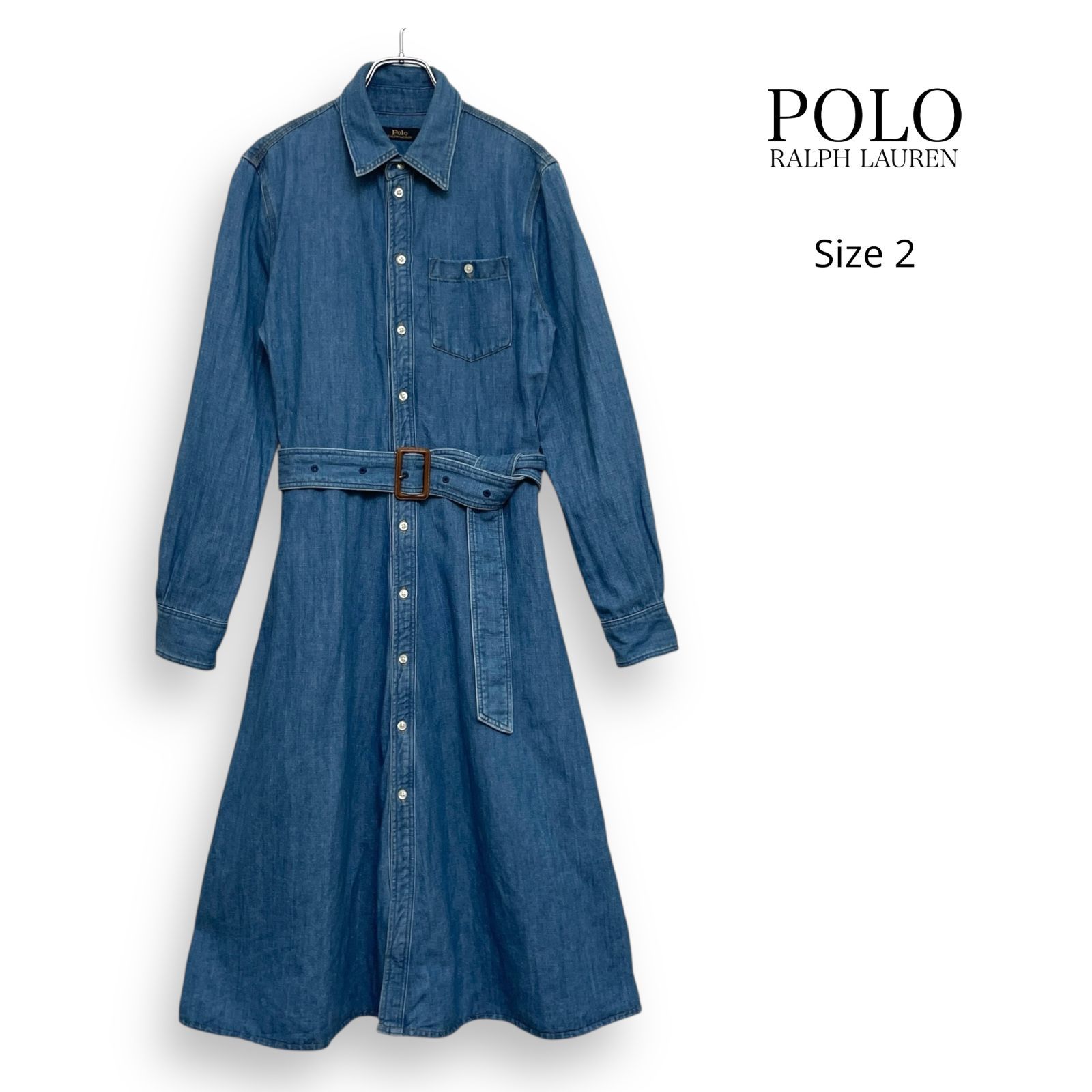 Polo Ralph Lauren ポロ ラルフローレン デニム シャツ フレア ロング ワンピース ベルト付き Size2