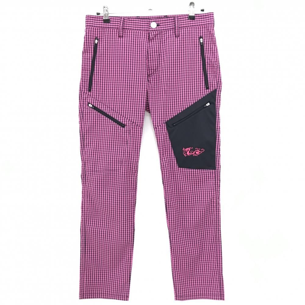 【超美品】ダンスウィズドラゴン パンツ ピンク×黒 ギンガムチェック ストレッチ メンズ 2(M) ゴルフウェア Dance With Dragon
