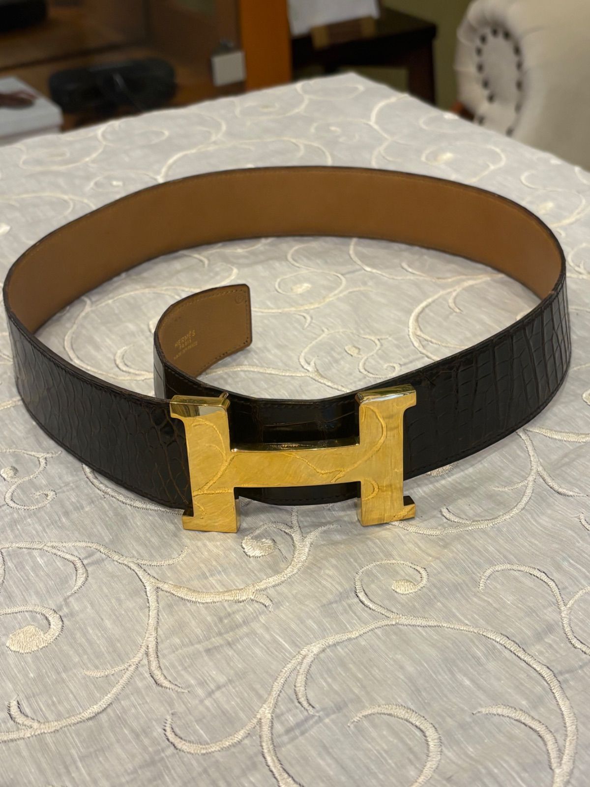 【極希少/ヴィンテージ】HERMES エルメス Hベルト クロコダイル 85 ◯F刻印 ゴールド金具 メンズ
