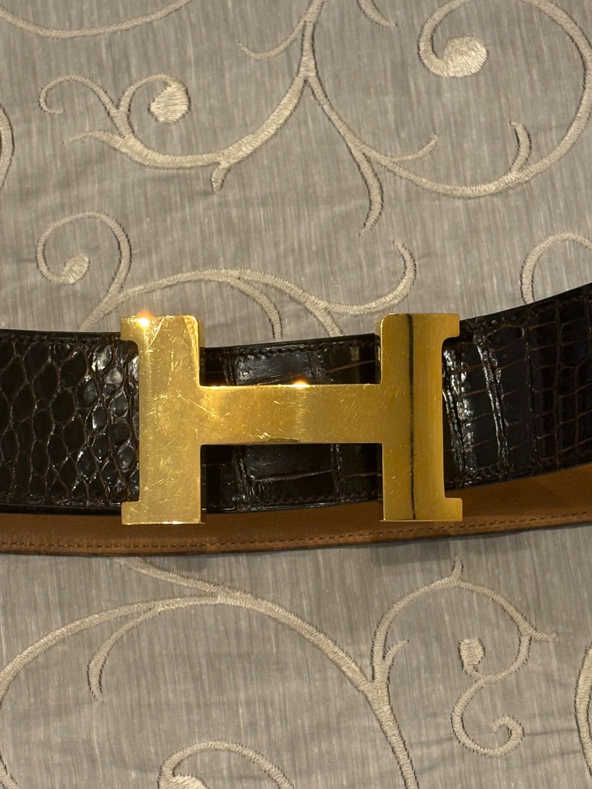 【極希少/ヴィンテージ】HERMES エルメス Hベルト クロコダイル 85 ◯F刻印 ゴールド金具 メンズ