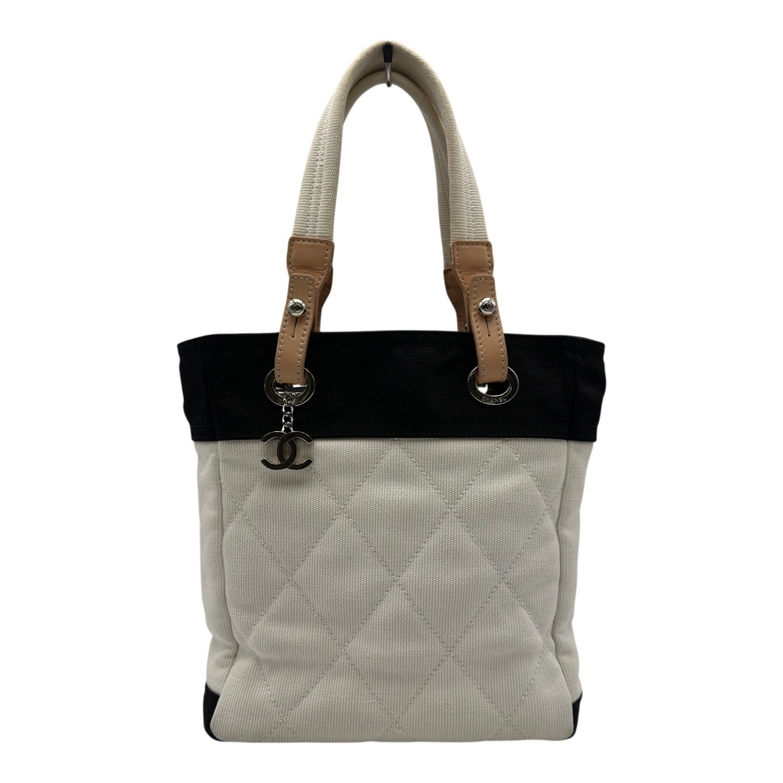 シャネル CHANEL パリビアリッツトートPM A34208 13番台 ホワイト/ブラック キャンバス/レザー レディース トートバッグ