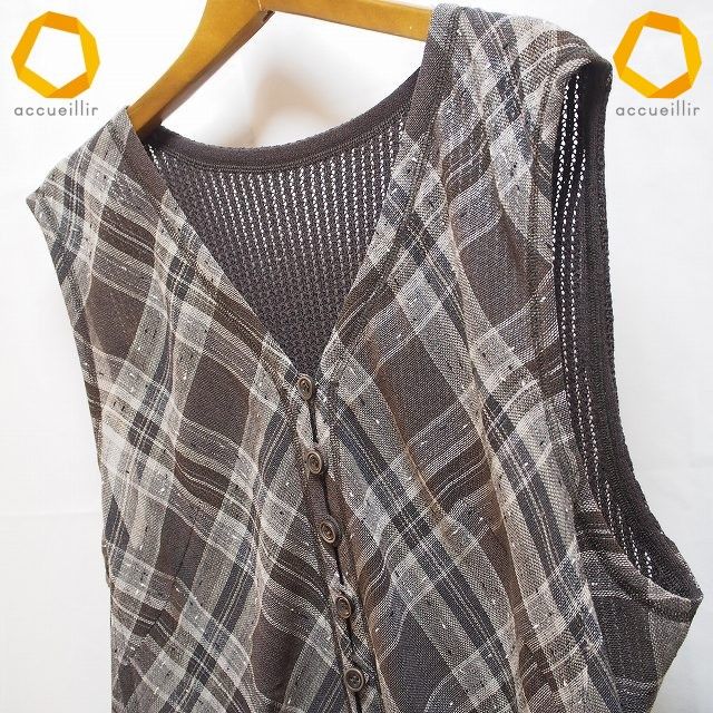 #a レリアン Leilian ベスト ジレ 13+ こげ茶 チェック ウール 日本製 大きいサイズ タグ付き レディース [994234] k01