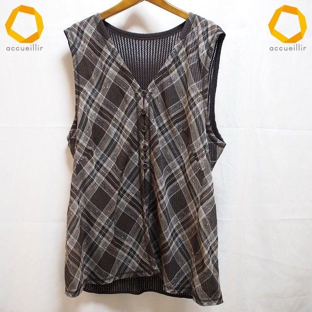 #a レリアン Leilian ベスト ジレ 13+ こげ茶 チェック ウール 日本製 大きいサイズ タグ付き レディース [994234] k01
