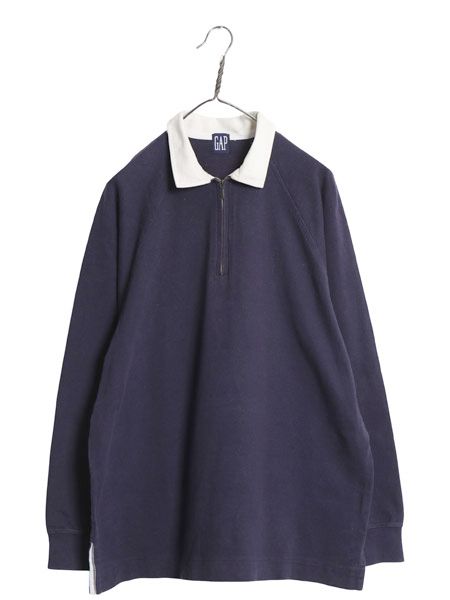 90s オールド ギャップ ハーフジップ 長袖 ラガー シャツ メンズ M 紺タグ 長袖シャツ ラグビー ポロシャツ 無地 ボックス カットソー 紺