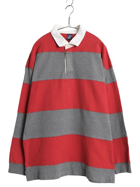 90s オールド ギャップ ワイド ボーダー 長袖 ラガーシャツ メンズ L 紺タグ 長袖シャツ ラグビー ポロシャツ ボックス コットン ツートン