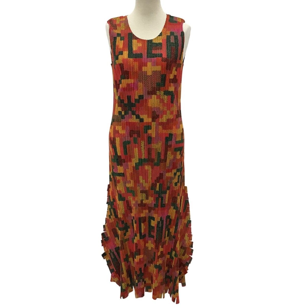 ISSEY MIYAKE イッセイミヤケ PLEATS PLEASE 変形 ノースリーブワンピース SIZE ４ 総柄 PP73-JH535 レッド