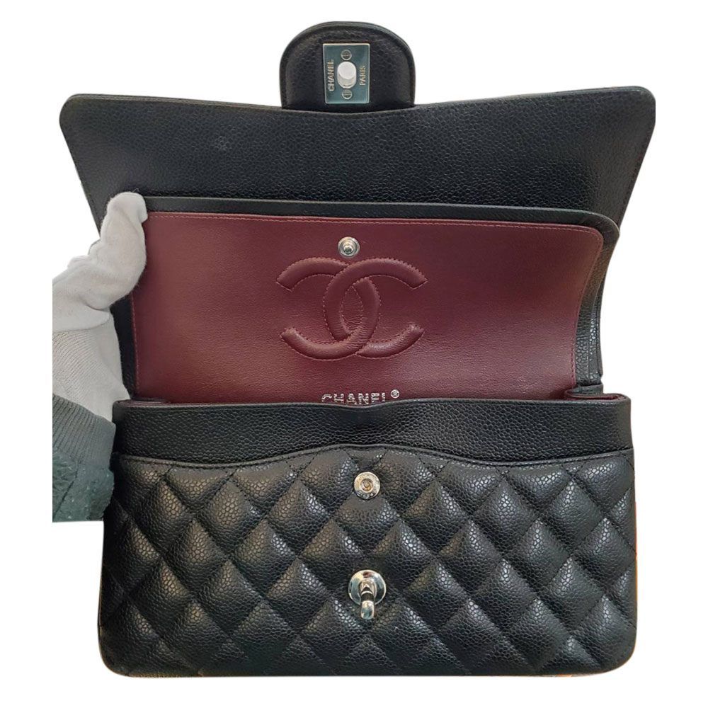 【中古】シャネル CHANEL キャビアスキン マトラッセWフラップ チェーンショルダー 25 ブラック SV金具/MA2402001