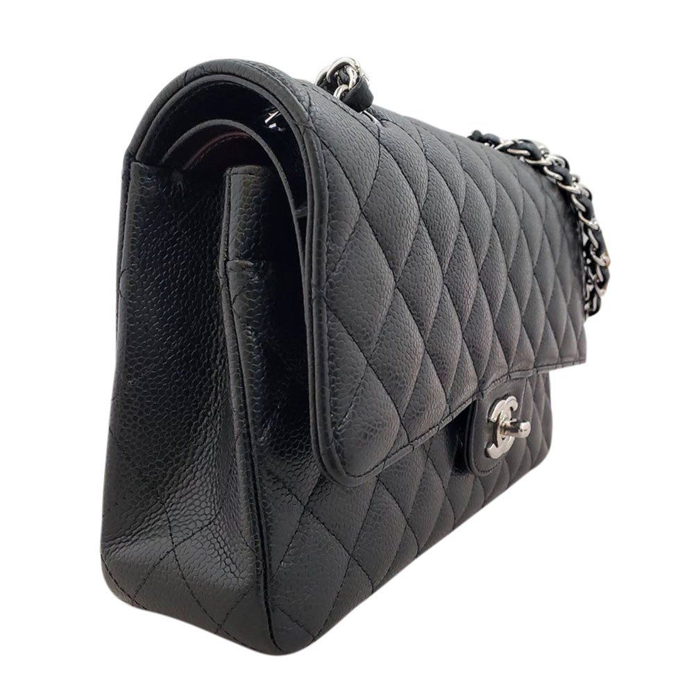 【中古】シャネル CHANEL キャビアスキン マトラッセWフラップ チェーンショルダー 25 ブラック SV金具/MA2402001