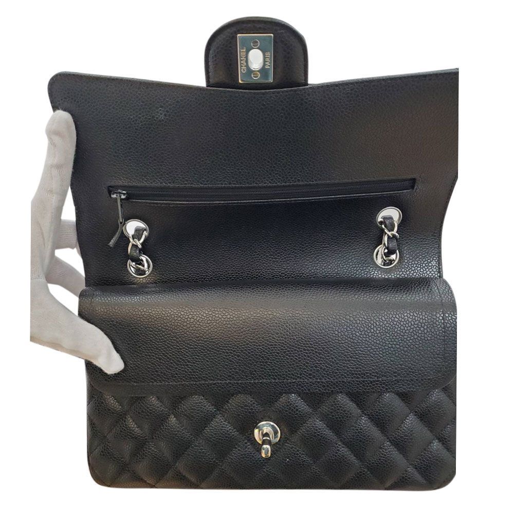 【中古】シャネル CHANEL キャビアスキン マトラッセWフラップ チェーンショルダー 25 ブラック SV金具/MA2402001