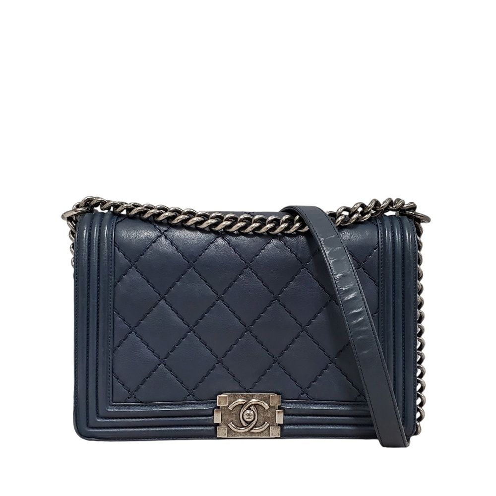 【中古】シャネル CHANEL ラムスキン ボーイシャネル CHANEL チェーンショルダー ラージ A92193 ネイビー/MA2407015