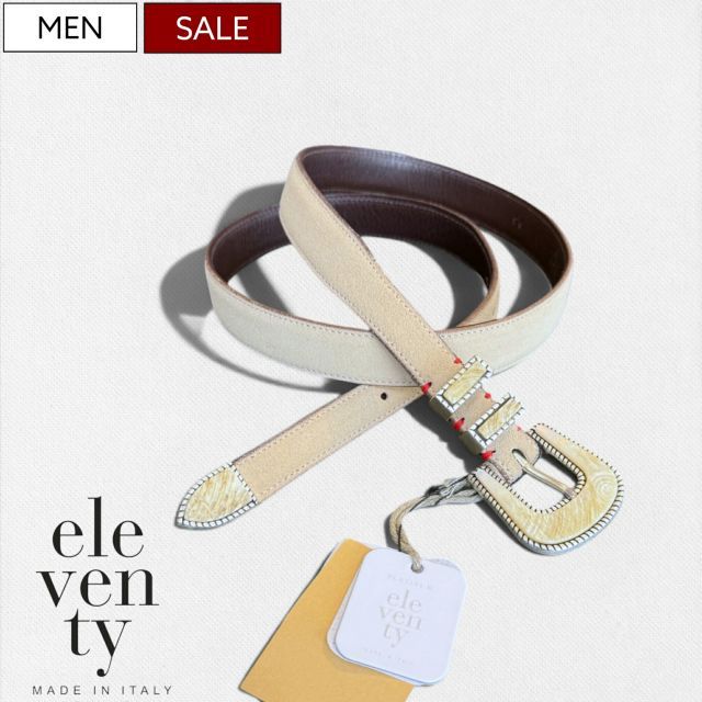 【定価60,500円(税込)】ELEVENTY -イレブンティー- クラシックなデザインとレッドステッチで大人の色香漂わせる スウェードレザーベルト 革ベルト 牛革 ベージュ オフホワイト 39881007 80 85 90 95 100 イタリア製 ユニ