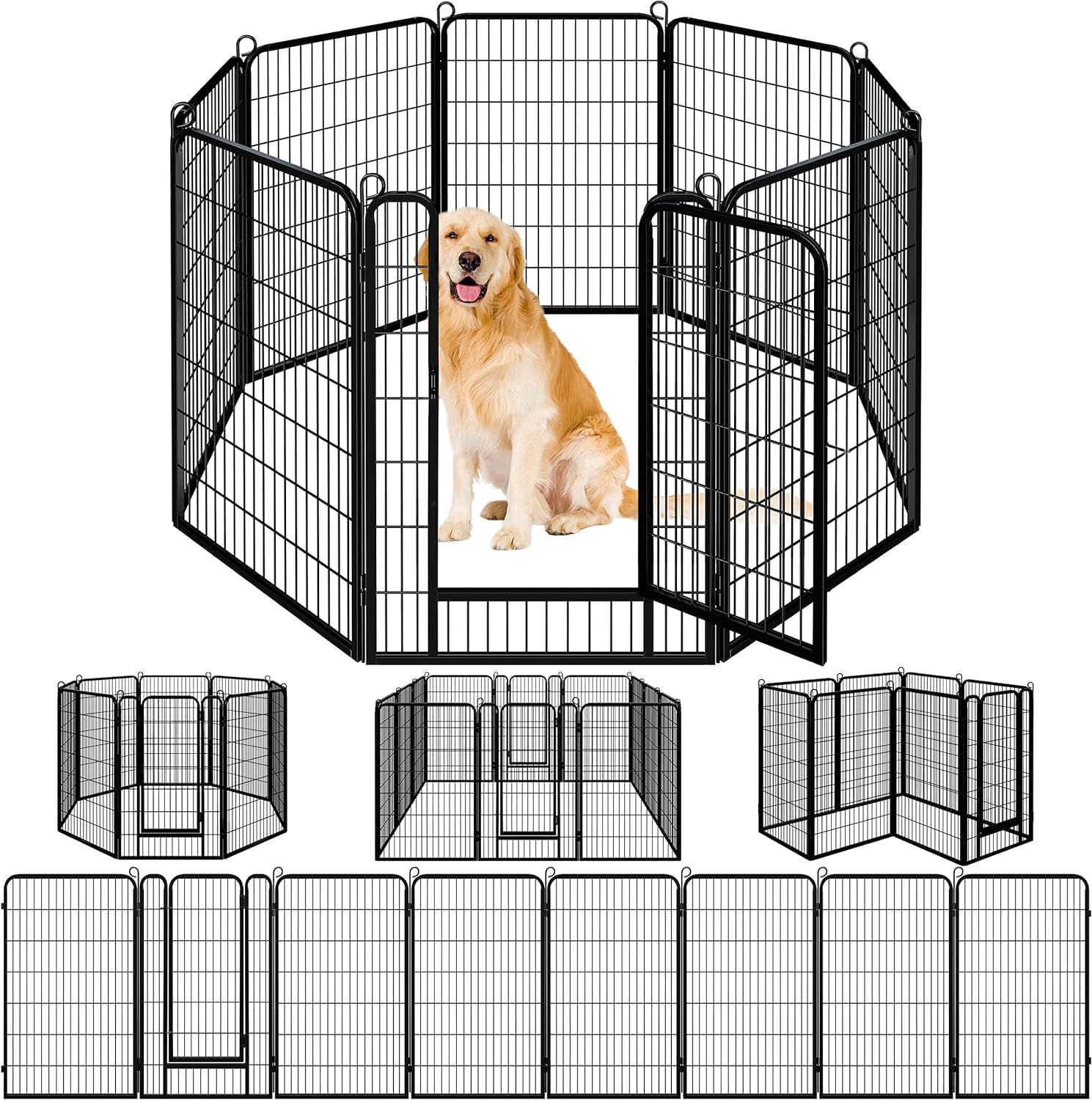 【数量限定】室内室外兼用 複数の組み合わせ 犬小屋 スチール製 トレーニングサークル 折り畳み式 ペット 四角ポール ペットサークル (高さ80cm-8枚 パネル8枚 ペットケージ ブラック) 中大型犬用 ペットフェンス