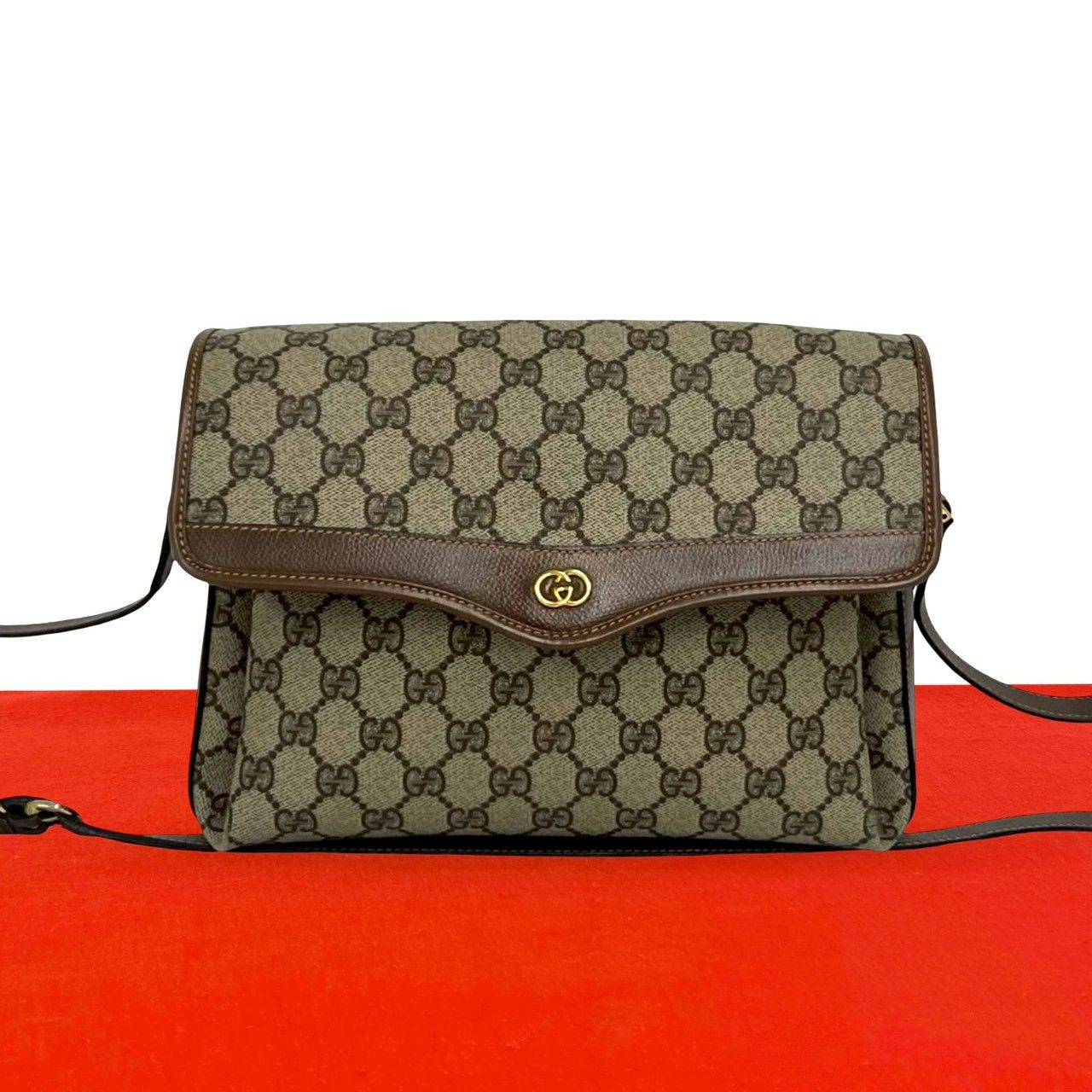 極 美品 GUCCI グッチ オールドグッチ ヴィンテージ GG ロゴ 金具 レザー ショルダーバッグ ポシェット サコッシュ ブラウン 91243