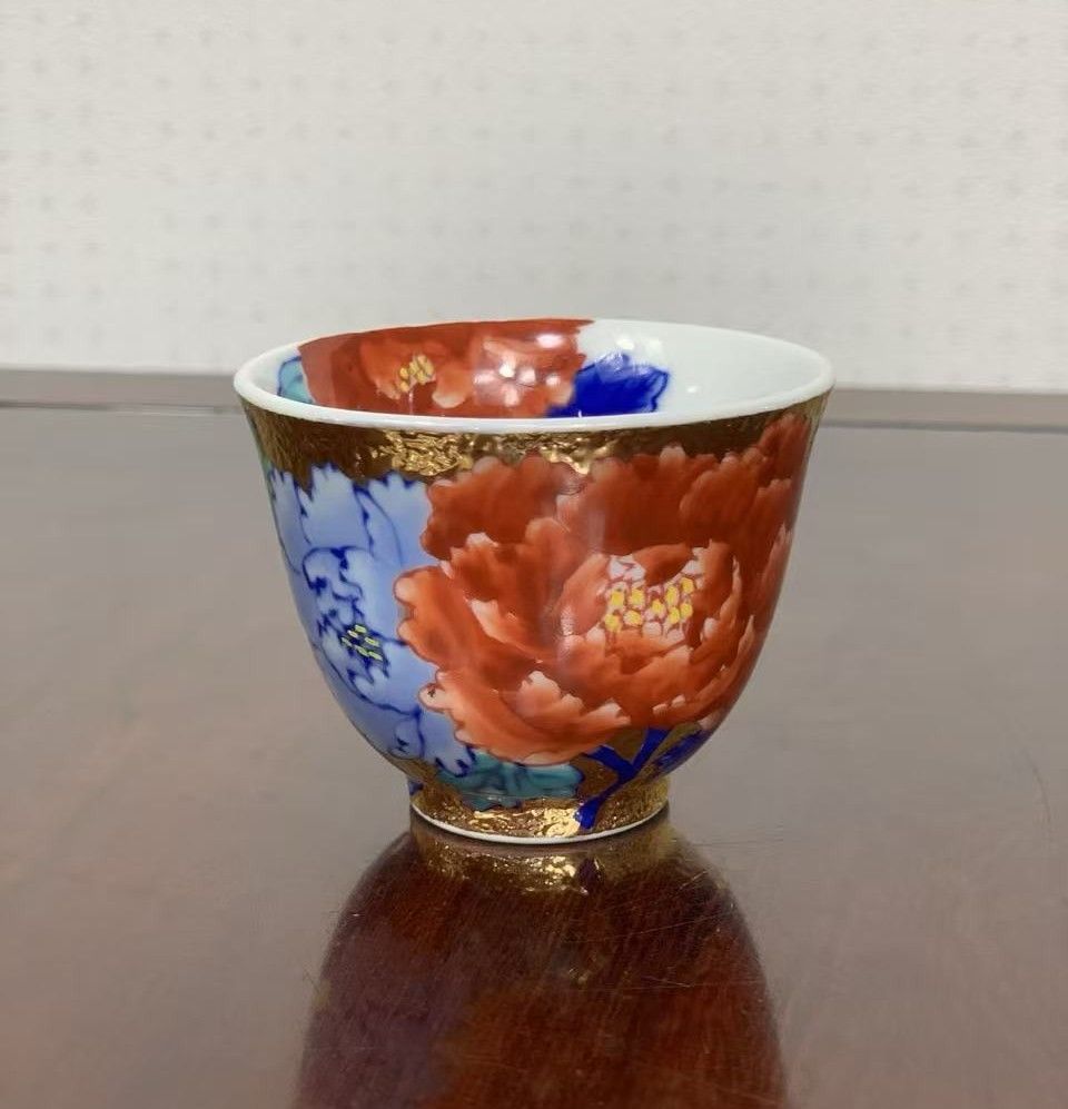伝統工芸士 江口天童 作 金龍窯 金彩牡丹絵 煎茶碗 有田焼
