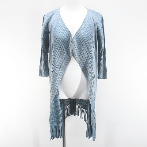プリーツプリーズ PLEATS PLEASE イッセイミヤケ ISSEY MIYAKE PP83-JA613 七分袖 ミディアム丈 プリーツカーディガン 前開き 3 水色 ライトブルー 日本製 フリンジ 無地