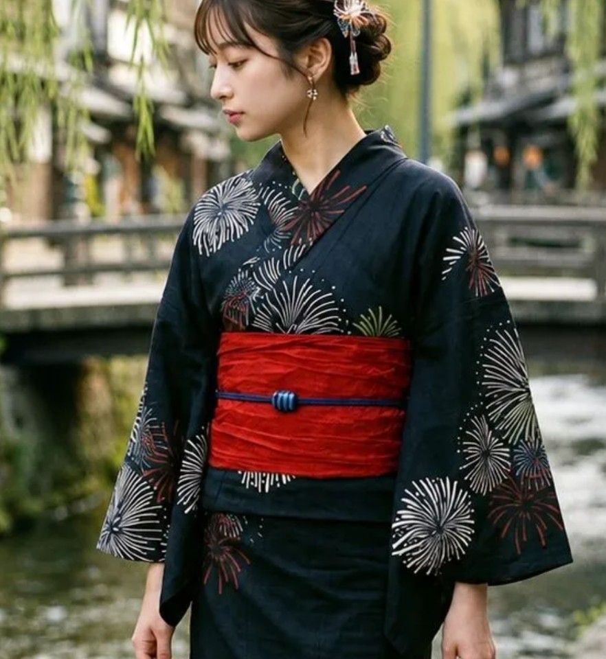【M】花火 簡単！1人で着れる ワンピース浴衣3点セット（ワンピース+上衣+兵児帯）浴衣 レディース 浴衣セット /大人ワンピース浴衣 大人 ワンピース浴衣 和服 和装 花火大会 夏祭り 盆踊り フリーサイズ ♡(