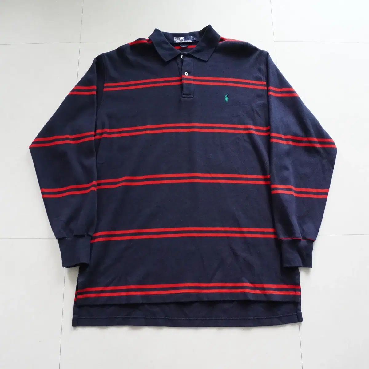 90s ポロラルフローレン ネイビー レッド ストライプ ラグビーシャツ カラーTシャツ L