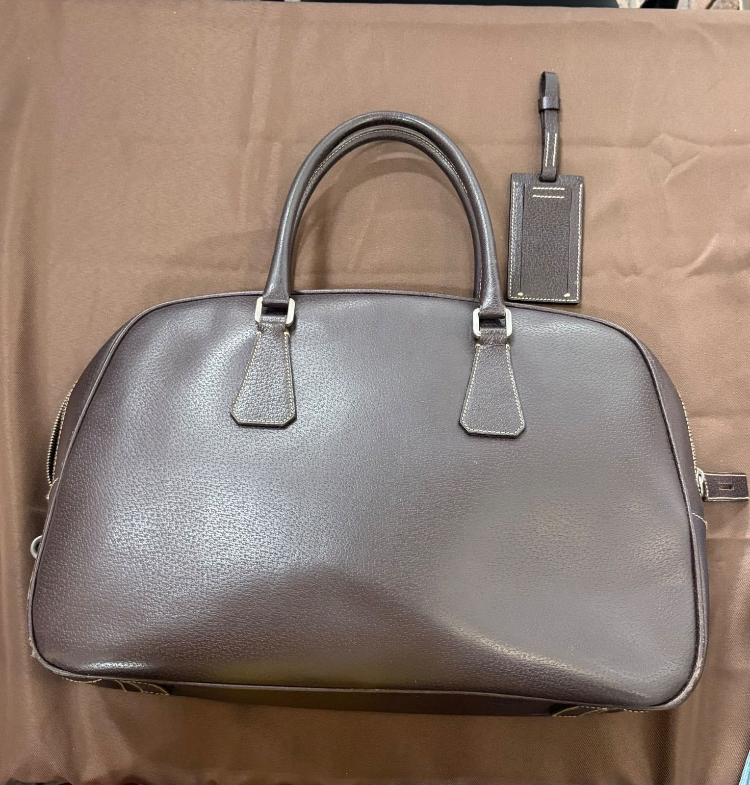 PRADA レザー ハンドバッグ ダークブラウン ネームタグ付