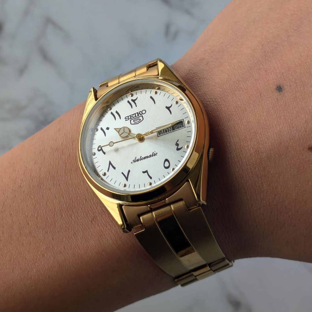【稼動】 SEIKO 腕時計 セイコーファイブ 自動巻き ゴールド アラビア語 稼働品 SEIKO セイコー5 自動巻き ヴィンテージ シルバー文字盤