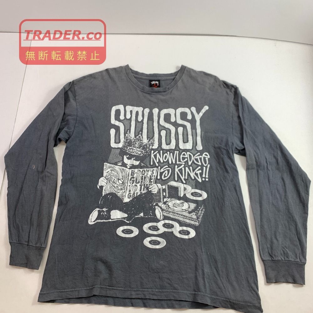 04w7230▽※【中古】ステューシー STUSSY プリント オールド KNOWLEDGE IS KING グラフィック ロングスリーブ　ロゴTシャツ ロンT 長袖Tシャツ Lサイズ グレー【八王子店】