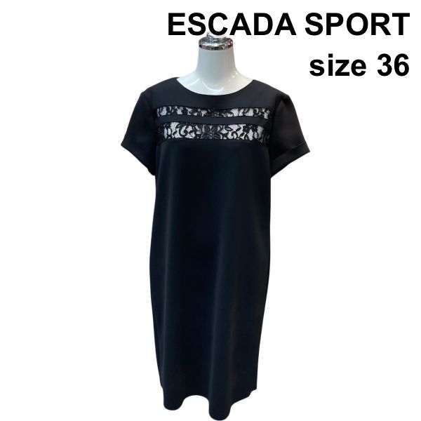 □ エスカーダ ESCADA SPORT ワンピース 半袖 ひざ丈 ラウンドネック レース ストレッチ カットオフ 黒 綿混 36 M 9号 レディース Z6D215
