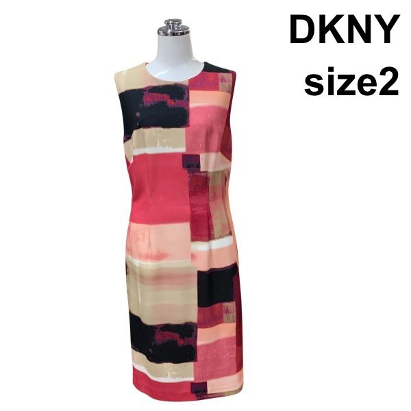 ◇ ダナキャランニューヨーク DKNY ワンピース ノースリーブ ラウンドネック ミモレ丈 プリント ピンク 赤 黒 2 S 7号 レディース Z6C314