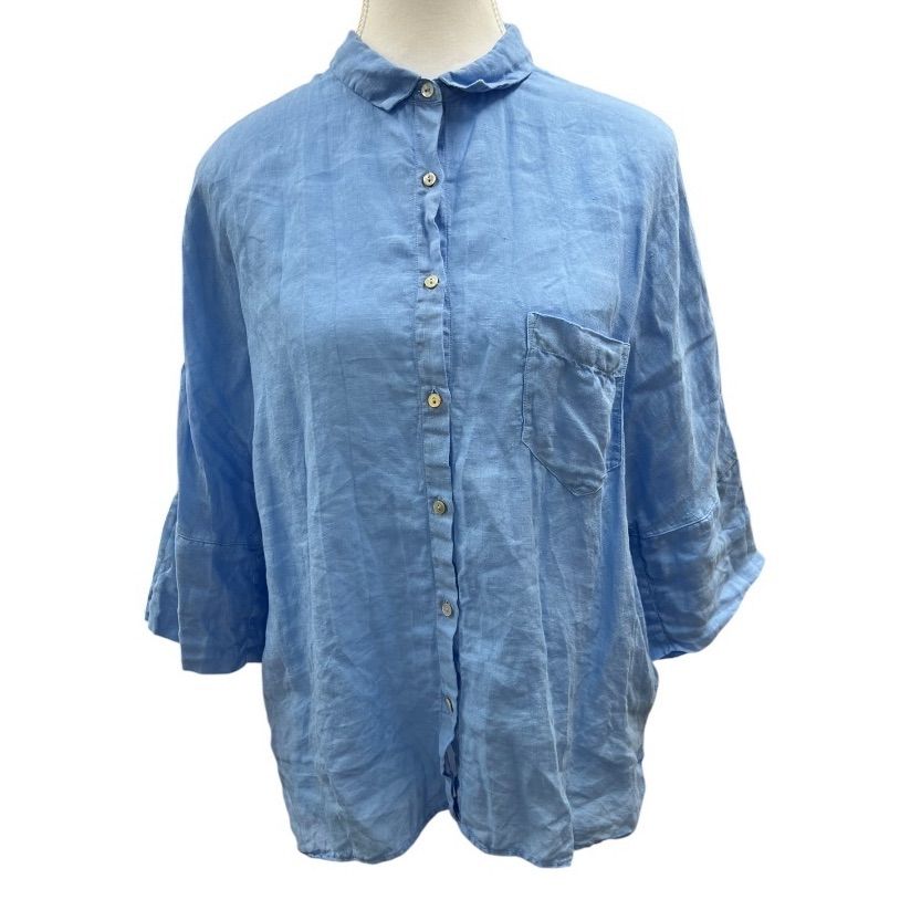 [美品]120% LINO リノ リネン 5分丈 袖シャツ ブルー サイズ42 美品 UI046