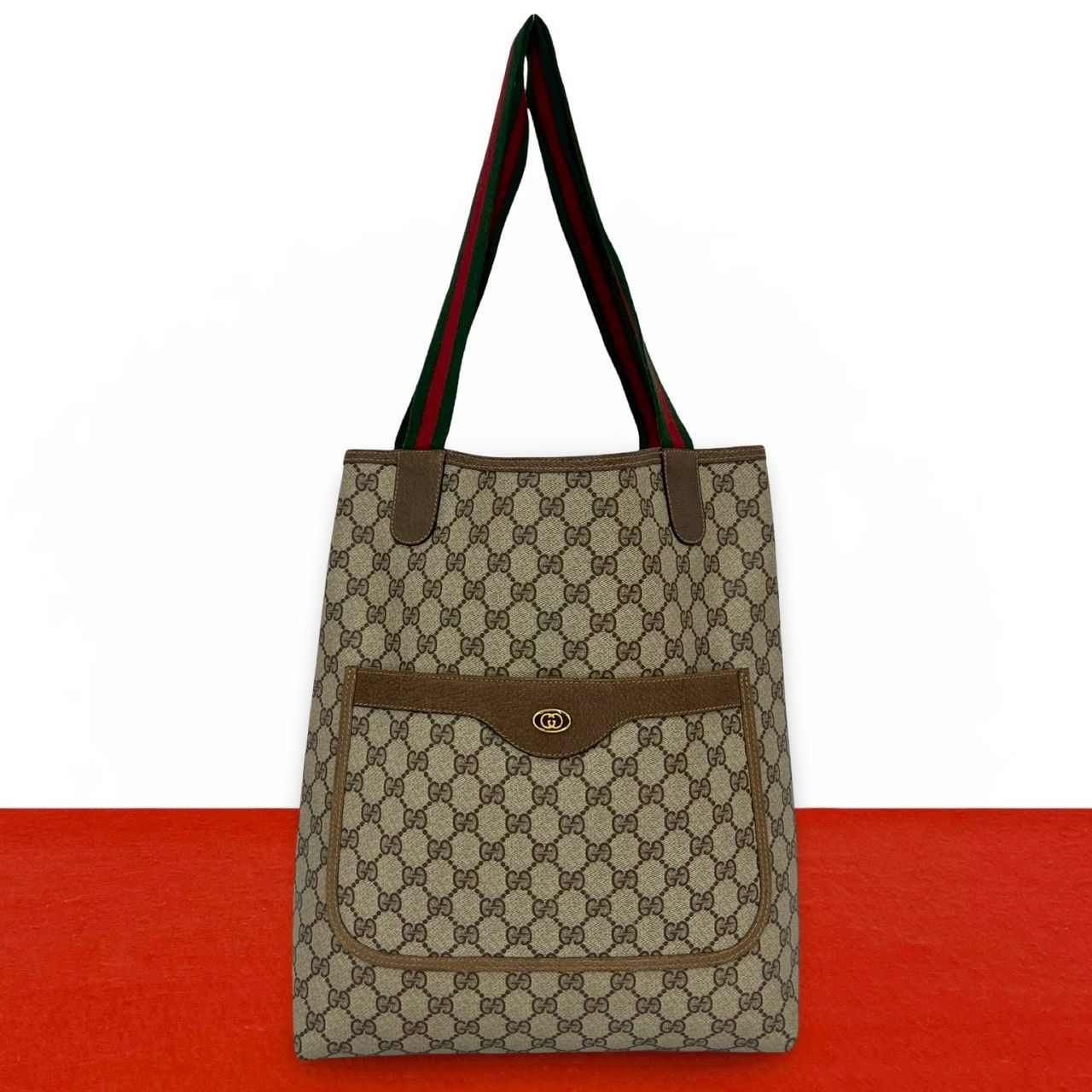 極 美品 GUCCI グッチ オールドグッチ ヴィンテージ シェリーライン GG ロゴ 柄 金具 レザー トートバッグ セミ ショルダーバッグ 茶 74196