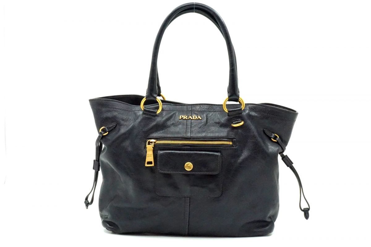 プラダ BR4217 ショルダー ハンドバッグ トート A4収納 ゴールド金具 Unisex レザー 黒 ブラック PRADA 6916h