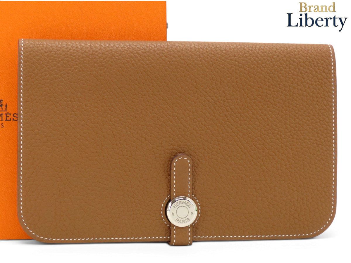 【未使用】エルメス HERMES ドゴン デュオ GM 二つ折り長財布 コインケース付き ゴールド ブラウン シルバー金具 トゴ 043070CK 37 □R刻