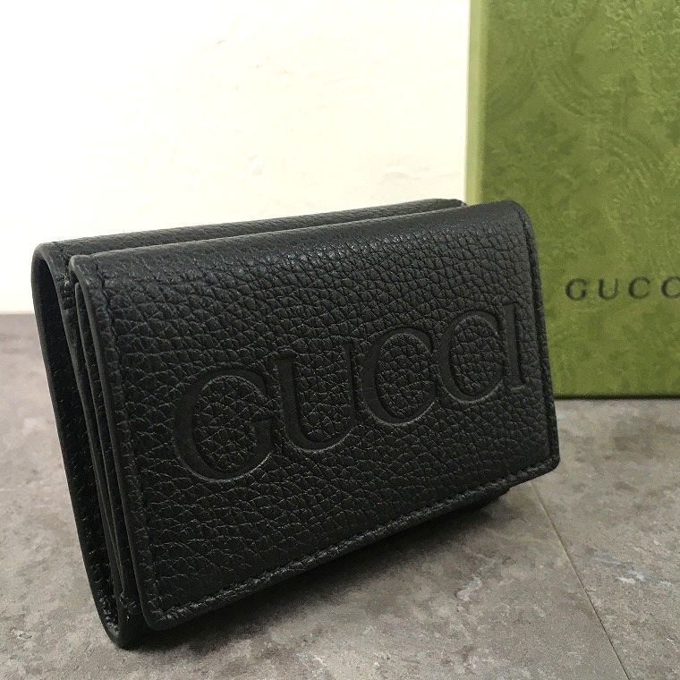 未使用品 GUCCI 三つ折り財布 736151 GUCCIロゴ ブラック 箱付き 254