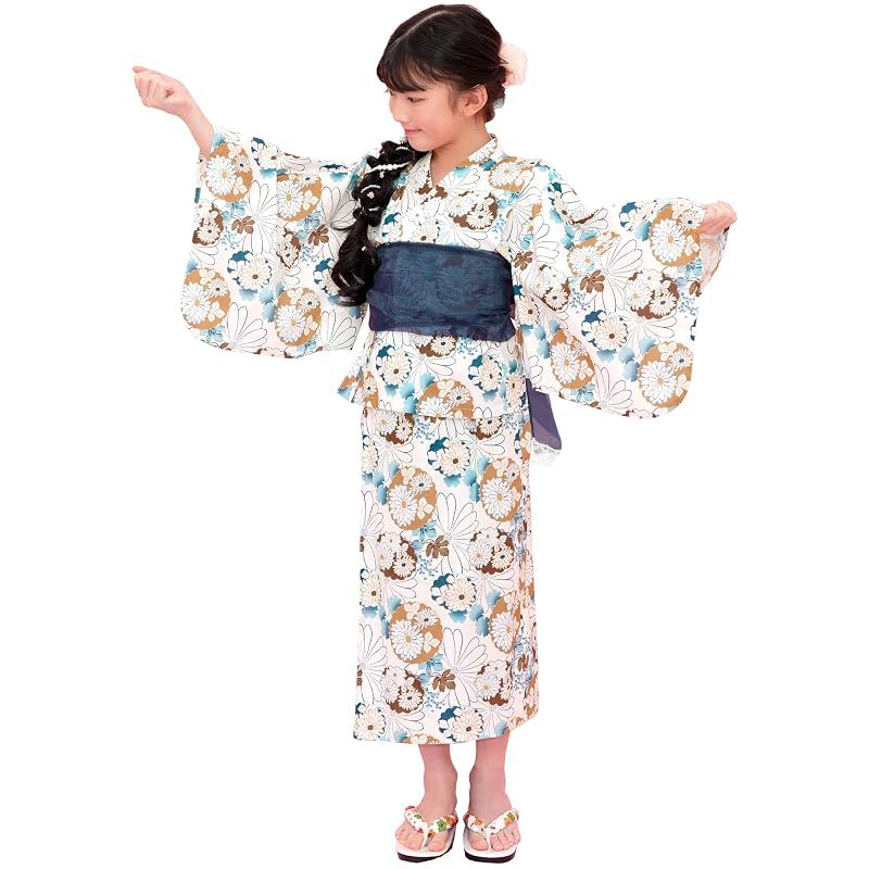 [Bee] ビー 浴衣3点セット キッズ ガールズ 女の子 夏 簡単 セパレートタイプ 2WAY お祭り 花火大会 saa01400 140cm 白地×丸菊 0