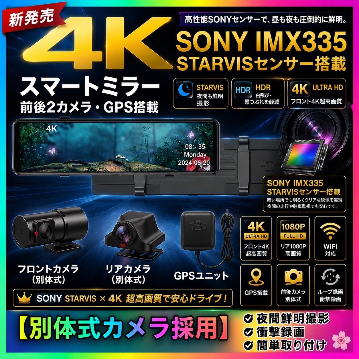 【4K高画質】ミラー型ドライブレコーダー 前後2カメラ 12インチタッチパネル GPS対応 170°広角フロント＋140°リア 駐車監視 Gセンサー搭載