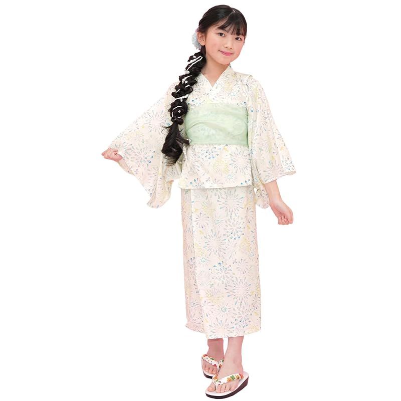 [Bee] ビー 浴衣3点セット キッズ ガールズ 女の子 夏 簡単 セパレートタイプ 2WAY お祭り 花火大会 saa01400 130cm アイボリー×花火 0