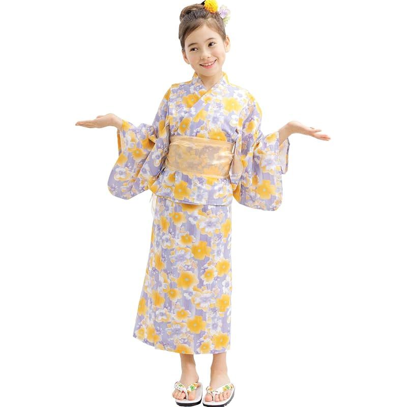 [Bee] ビー 浴衣3点セット キッズ ガールズ 女の子 夏 簡単 セパレートタイプ 2WAY お祭り 花火大会 saa01400 120cm パープル×水彩花 0