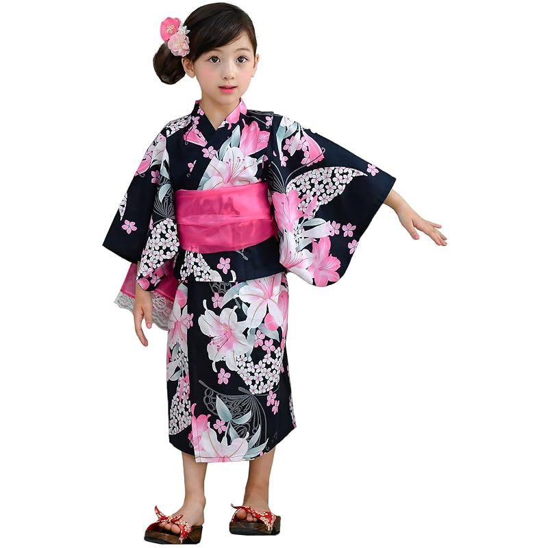 [Bee] ビー 浴衣3点セット キッズ ガールズ 女の子 夏 簡単 セパレートタイプ 2WAY お祭り 花火大会 saa01400 120cm 黒地ユリ 0