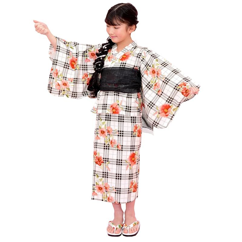 [Bee] ビー 浴衣3点セット キッズ ガールズ 女の子 夏 簡単 セパレートタイプ 2WAY お祭り 花火大会 saa01400 120cm タータンブラック×赤花 1