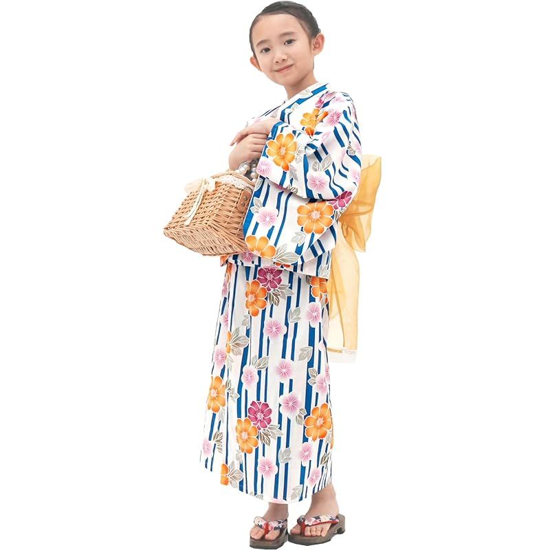 [Bee] ビー 浴衣3点セット キッズ ガールズ 女の子 夏 簡単 セパレートタイプ 2WAY お祭り 花火大会 saa01400 120cm 青ストライプ×ハマナス 0