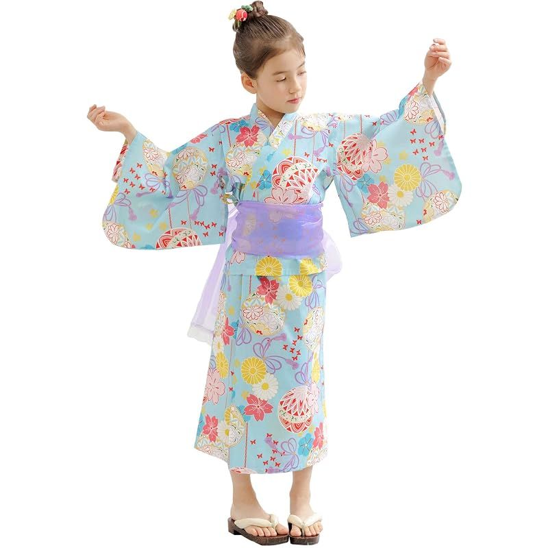 [Bee] ビー 浴衣3点セット キッズ ガールズ 女の子 夏 簡単 セパレートタイプ 2WAY お祭り 花火大会 saa01400 120cm サックスブルー×毬 0