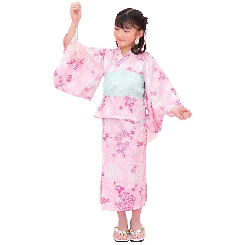 [Bee] ビー 浴衣3点セット キッズ ガールズ 女の子 夏 簡単 セパレートタイプ 2WAY お祭り 花火大会 saa01400 110cm ピンク×リボン花 0