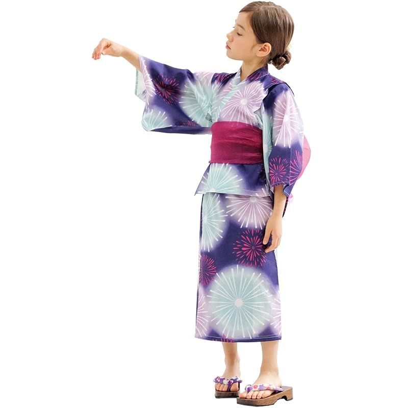 [Bee] ビー 浴衣3点セット キッズ ガールズ 女の子 夏 簡単 セパレートタイプ 2WAY お祭り 花火大会 saa01400 140cm 紺地×花火 0