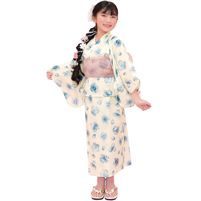[Bee] ビー 浴衣3点セット キッズ ガールズ 女の子 夏 簡単 セパレートタイプ 2WAY お祭り 花火大会 saa01400 120cm アイボリー×ブルー花柄 1