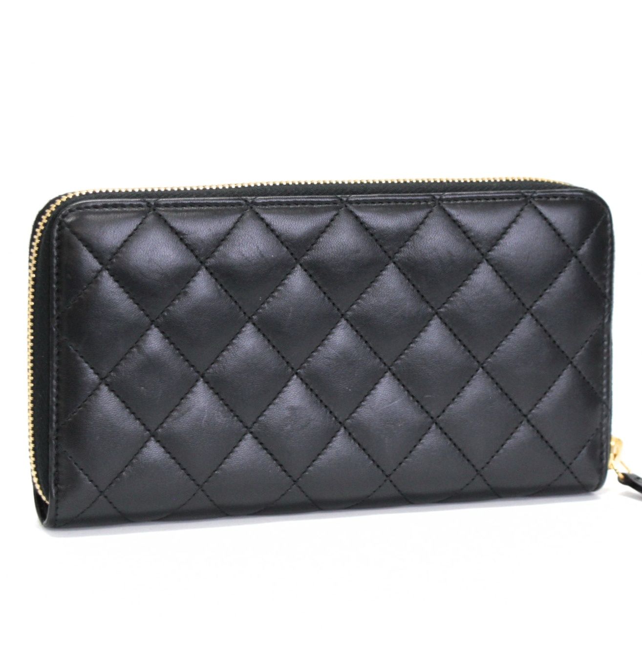 美品 シャネル CHANEL マトラッセ ラウンドファスナー 長財布 ラム 黒