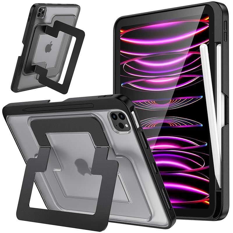 【新品】 SANDUODD iPad Pro 11インチ ケース 第4/3/2世代（2022/2021/2020）対応 米軍MIL規格 縦横デュアルスタンド ペン収納 薄型 耐衝撃 半透明 (マットブラック)