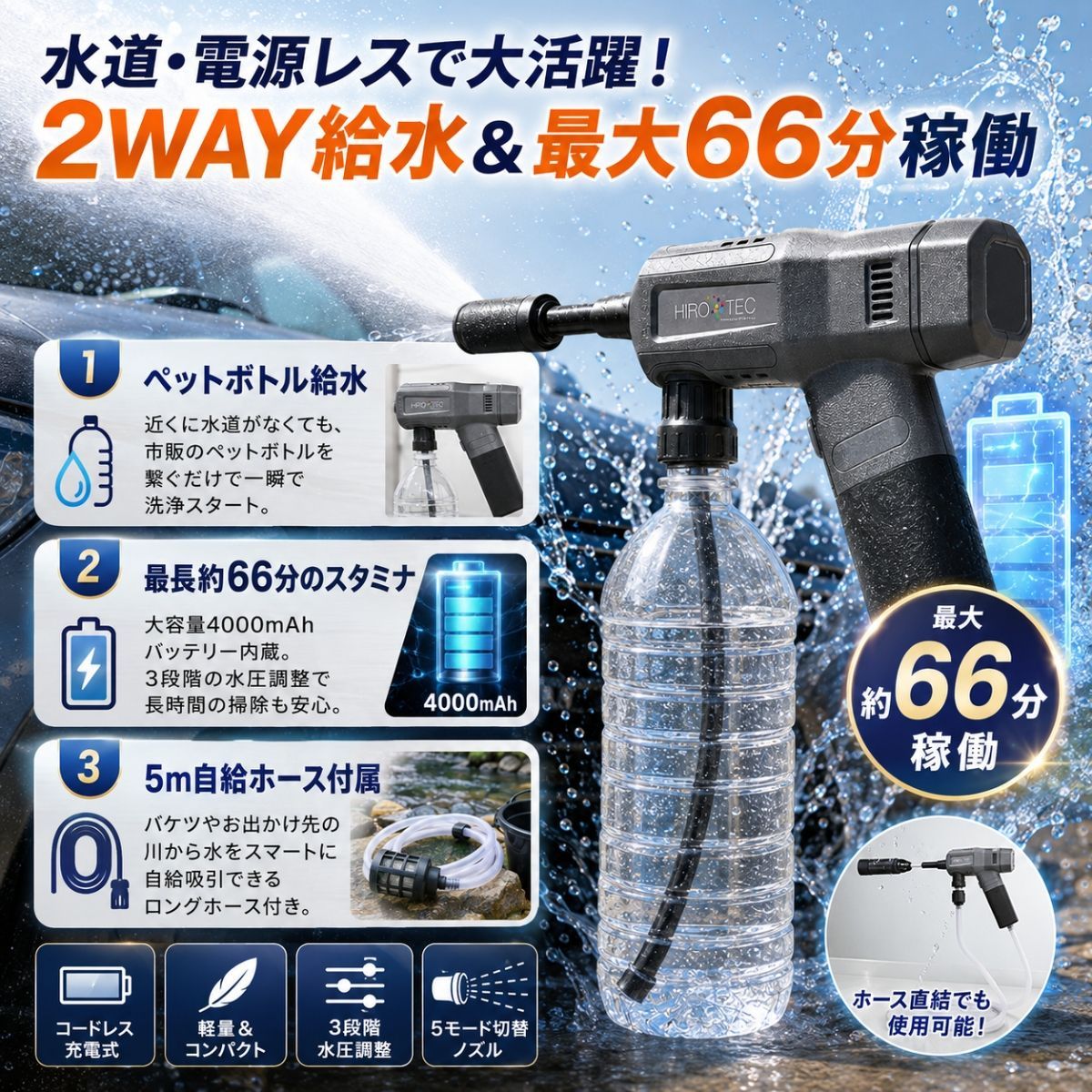 高圧洗浄機 ハンディコードレス 充電式 ポータブル洗車機 ペットボトル使用可 高圧洗浄機 コードレス 充電式 ポータブル 携帯用 折りたたみ モバイル